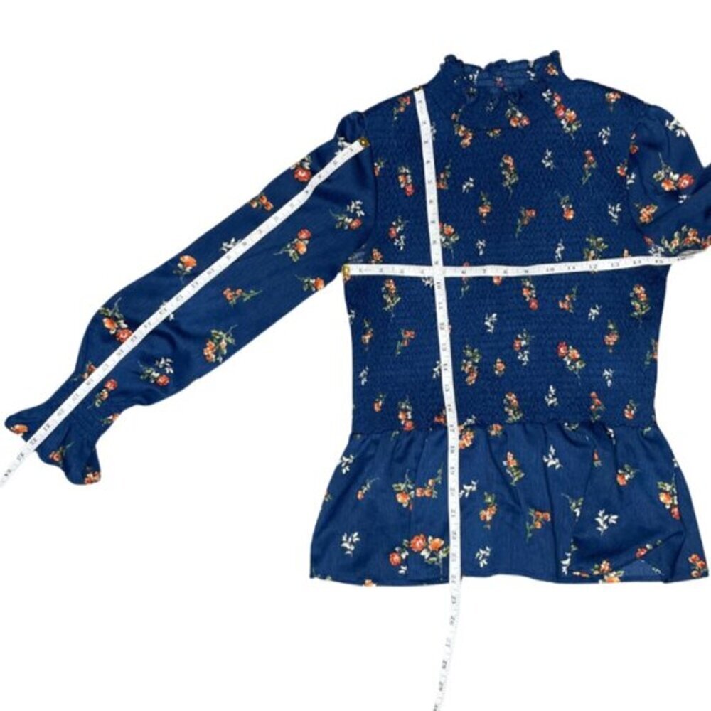 Mary & Mo Dark Coquette Smocked Floral Blouse - Navy Mock Neck Peplum Sz S - Picture 5 of 7